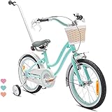 Heart Bike Mädchenfahrrad, 12/14/16 Zoll Radgröße zur Auswahl, mit Abnehmbarer Schubstange, Kinderfahrrad für Mädchen von 2 bis 6 Jahre (14 Zoll, Mintgrün/Schwarz)