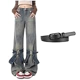 CHUIKUAJ Schlagjeans mit weitem Bein für Damen, Blue Bow Street High Waist Denim Hose, Y2K Baggy Grunge Jeans Lange Hose Herbst,Blue-L