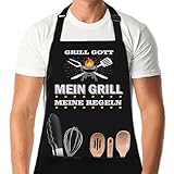 XCSJKJ MEIN GRILL GOTT Grillschürze für Männer Persönlich Grillen Geschenk BBQ Schürze Küchenschürze, Mein Grill Gott Schwarz