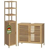 Bellamio Newa Badmöbel-Set – Waschbeckenunterschrank mit 2 Fächern & Hochschrank mit 5 Fächern – Badezimmermöbel aus Bambus lackiert – Badezimmer Unterschrank Holzoptik – Bambusregal/Badregal hoch