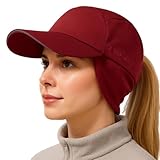 TOP-EX Damen Winter mütze mit Ohrenklappen wasserdicht Women Beanie Hat Pferdeschwanz Baseball Cap Schirm Running Basecap Big Kopf Fleece Reflektierend L Weinrot
