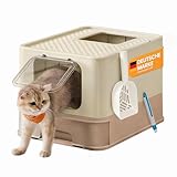 Feandrea Katzenklo, Katzentoilette, mit Deckel, ausziehbares Tablett, Schaufel, Bürste, für Katzen bis 15 kg, weniger Spuren, auslaufsicherer Boden, sandbeige-karamellbraun PPT001LJ02