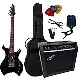 HEAVY METAL SET: ELEKTROGITARRE HEAVY SCHWARZ - VERSTÄRKER 45 WATT - TASCHE - BAND - 3xPIK - STIMMGERÄT - E GITARRE - 2x HUMBUCKER