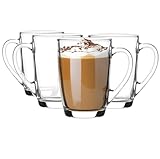 Glasmark KROSNO 1992 Gläser Set Kaffeegläser Teegläser Mit Henkel 4 Stück 300 ml Kaffee Tee Latte Glas Teetassen Glasbecher Trinkglas Spülmaschinengeeignet Ala, Durchsichtig