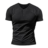 Herren Slub Henley T-Shirt Kurz Ärmel Leicht Entspannt Passen Beiläufig mit 3 Knöpfen Knopfleiste Rundhals Hemden Schwarz L