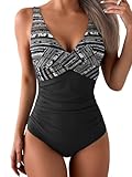 Eomenie Damen Einteiler Badeanzug mit Bauchkontroll-Effekt, Rüschen, Push-up und Bindegürtel – Schlankmacher Badeanzug