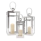 TRIROCKS 3tlg. Edelstahl Hängende Glaslaterne 48/38/30,5 cm Hoch Kerzenständer Windlicht Hochzeitsgeschenke Für Kerzen Garten Draußen Terrassen Balkon Dekoration (Silber)