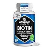 Biotin hochdosiert 10.000 mcg + Selen + Zink für Haarwuchs, Haut & Nägel, 365 vegane Tabletten für 1 Jahr, Nahrungsergänzung ohne Zusatzstoffe, Made in Germany