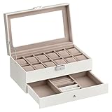 SONGMICS Uhrenbox, Uhrenkasten mit Glasdeckel, 2 Ebenen, für 12 Uhr, abschließbar, 1 Schublade, für Ringe, Armbänder, Geschenkidee, PU-Bezug in Wolkenweiß, Innenfutter in Cappuccinobeige JWB012W01
