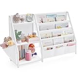 SONGMICS Bücherregal Kinder, Kinderregal, Spielzeugregal, Bücher-Organizer, mit Seitentasche, 75 cm hoch, für Kinderzimmer, Spielzimmer, weiß GKR024W01