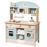 ROBUD Kinder Holzspielküche,Küchenspielzeug,Spielzeugküche,für Jungen und Mädchen ab 3 Jahren,Geburtstags, Geschirr und Gewürzen