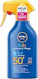 NIVEA SUN Kids Schutz & Pflege Sonnenspray LSF 50+, hoher Sonnenschutz mit Panthenol, Vitamin C und E, extra wasserfestes Sonnencreme Spray für empfindliche Haut (250 ml)
