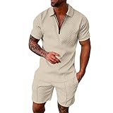 Generisch Herren Casual Striped Print Zweiteiler Reißverschluss Kragen Kurzarm Top Bluse Kordelzug Tasche Short Set (Beige, XXXL)
