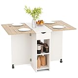 Mondeer Esstisch Klappbar, Küchentisch mit 1 Schublade und 2 Ablagen für 2-4 Personen, Klapptisch Esszimmertisch mit Rollen für Kleine Räume, Esszimmer, Küche, 72 x 120 x 75 cm, Eiche und Weiß