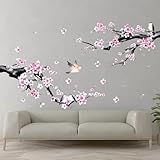 Wandtattoo Kirschblüte Rosa Baum Ast Groß Wandaufkleber Hängende Blumen Blüten Vögel Wandsticker Wanddeko für Wohnzimmer Schlafzimmer Sofa Hintergrund,für Wohnzimmer Schlafzimmer Badezimmer Boho