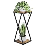 Bamworld Blumenständer Metall mit Holz Ablagen, 2 Ebenen Pflanzenständer im Industrie-Design, Blumenhocker für Wohnzimmer Balkon Garten Dekoration