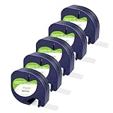 CNMTCCO Etikettenband für DYMO Letratag, Etikettenband kompatible mit DYMO Etikettenband 12mm x 4m, White Schriftband Funktioniert für Dymo Letratag LT-100T 200B, LT-100H XR Schwarz auf Weiß (5 Stück)