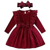 Baby Kleid Mädchen Langarm Spitze A Line Prinzessin Weihnachtskleid Hochzeit Festlich Einschulung Samtkleid + Stirnband Babykleidung Erster 1 Geburtstag Herbst Winter Kleidung Weinrot 12-18 Monate