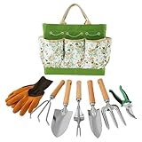 9 Stück Gartenwerkzeug Set Edelstahl Gartenschaufel mit Holzgriff Gartengeräte Set Enthalten Aufbewahrungstasche Blumenschere Gartenkralle Kelle Handgabel Wasserkocher Handschuhe