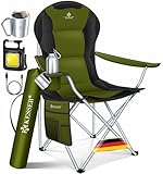 KESSER® Campingstuhl faltbar bis 150 kg Angelstuhl Faltstuhl Klappstuhl Gepolstert mit Armlehnen, hohe Rückenlehne Strandstuhl, Klapphocker inkl. Campinglicht Getränkehalter Tasche & Becher Khaki