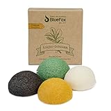 BlueFox I Konjac Schwamm 16er Set mit Bambuskohle, Grüner Tee, Kurkuma, Körper-, Gesichtsschwamm, Gesichtsreiniger gegen unreine und fettige Haut, Mischhaut, aus biologischem Anbau, nachhaltig
