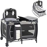 LIFEZEAL Multifunktionales Babybett, Reisebett mit U-förmigem Windeltisch, Laufgitterbett mit luftigen Seitenwänden & Bremsensfunktion, Baby Bett für Kinder von 0-36 Monaten (Grau 1)