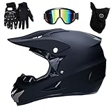 UIGJIOG Motocross Helm Matte Schwarz, Herren Crosshelm mit Brillen Maske Handschuhe, Unisex Fullface Cross Helm Downhill Quad Enduro ATV Motorrad Schutzhelm für Herren Damen (S(52~53cm))