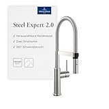 Villeroy & Boch Steel Expert 2.0 Küchenarmatur, Hochdruck, Wasserhahn Küche mit Umschaltfunktion und schwenkbarem Auslauf, Spültischarmatur wassersparend, Auslauf Höhe 170mm, Edelstahl massiv