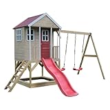 Wendi Toys M30R Spielhaus für Garten mit Doppelschaukel, Kletterplattform & 175 cm Rutsche, 290 x 405 x 242 cm, Rot – Nachhaltiges Stelzenhaus für Kinder mit Sandkasten & Terrasse