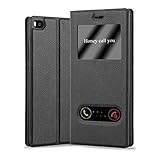 Cadorabo Hülle kompatibel mit Huawei P8 mit Sichtfenster aus Premium Kunst Leder Flip Klappbare Stoßfeste Magnetische [Standfunktion] [Kartenfächern] Cover Hülle für Huawei P8 Tasche in Schwarz