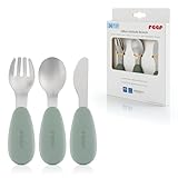 reer Silikon-Edelstahl Besteck | 3-teilig | für Babys & Kinder | ergonomisches und kindgerechtes Design | lebensmittelechtes Silikon, Edelstahl-Spitzen |spülmaschinenfest | grün/silber