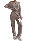 CheChury Zweiteiler Damen Lounge Set V-Ausschnitt Einfarbig Loungewear Gerippt Shirt Top Langärm mit Hose 2-Teiliges Hausanzug Jogginganzug Loungewear Nachtwäsche Hauskleidung Freizeit Outfit