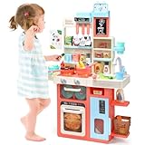 CUTE STONE Küchenspielset für Kinder, Spielküche mit Geräuschen und Lichtern, Kochherd, Dampf, Spielspüle und Spiellebensmittel, Kleiner Esstisch Großes Küchenset， Kitchen & Food Toys for Kids,Rosa