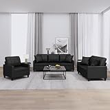 3-TLG. Sofagarnitur mit Kissen Schwarz Kunstleder,Langlebige Kunstleder Sofa Garnitur mit Zierkissen für Wohnzimmer und Entspannung Wohnzimmer, Sofas