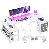 ODK Eckschreibtisch mit 4 Schubladen&Stauraum, Reversible Eckschreibtisch mit 2 Steckdosen und 2 USB Ladeanschluss, Gaming Schreibtisch mit LED&Monitorständer für Home Office, 167×102cm, Alles Weiß