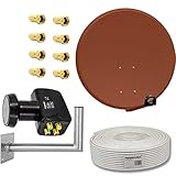 Premium X Satelliten-Komplettanlage 80cm Satellitenschüssel Ziegelrot Quad LNB Kabel 50m Wandhalter 45cm, SAT bis 4 Teilnehmer