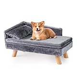 SOARS Hundesofa, Katzensofa mit Rückenlehne, Kissen & Holzbeinen, Hundecouch für kleine Hunde, Hundebett erhöht, Haustiersofa, 71 x 43 x 40 cm, Grau