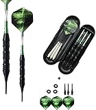 Exquisites Dartpfeile-Set mit weicher Spitze, 20 g, harter Koffer, 3 schwarze beschichtete Eisenfässer, 3 Aluminium-Schäfte, 3 Kunststoffflügel, Kunststoffspitze für elektronische Dartscheibe (grün)