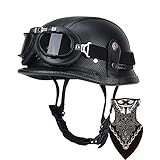 DIRERTYS Leder Motorrad Halbhelme Retro Halbschalenhelm JetHelm mit Visier Schnellverschluss Schnalle für Cruiser Chopper Biker Moped DOT/ECE-Zulassung