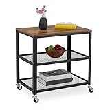 Relaxdays Rollwagen, 3 Ablagen, Industrial Design, HBT: 61x60x40 cm, Küchenwagen mit Rollen, Stahl & MDF, schwarz/braun