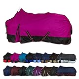RL24 - Weidedecke 600D Basicline – als Regendecke & Übergangsdecke – Wind- & wasserdichte Outdoordecke mit Innenfutter & Kreuzbegurtung – Pferdedecke in Beere/Schwarz – 145cm (Nylonfutter)