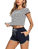 Aseniza Pyjama Damen Kurz Schlafanzug Baumwolle Shorty Nachtwäsche Sommer Gestreifte Schlafanzüge mit Kurzarm Top und Schlafshorts
