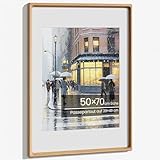 Bilderrahmen 50x70, Natürliches Eiche Fotorahmen mit Gehärtetem Glas, Handgefertigte Abgerundete Ecke 50x70cm Holz Posterrahmen Mattiert auf 39x49 cm mit Passepartout für große Fotos Ausstellungen