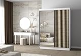 Easy4You Lami I Weiss/Artisan Schiebetürenschrank Kleiderschrank 150x200x61 cm mit Spiegel - Schlafzimmermöbel, Aufbewahrung – Mehrzweckschrank mit Kleiderstange und Lamellen
