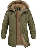Lonya Winterjacke Herren Fleece Winterparka Warm Gefüttert Wintermantel Mit Kapuze Winddicht Lang Mantel Outdoor Parka Jacke für Männer, Olivgrün, XXL