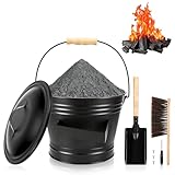 Ascheeimer mit Deckel Feuerfest, 6L Runder Kohleeimer mit Schaufel und Handbesen, Holzkohle Kohleeimer Set für Kamine, Feuerstellen, Holzherde, Werkzeugset Zubehör für Kamin, Schwarz