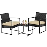 Yaheetech Balkonmöbel Set, Gartenmöbel-Set aus PE-Polyrattan Wetterfest inkl. 2 Stühle mit Sitzkissen & Tisch, 3Teilig Terrassenmöbel Sitzgruppe Lounge Set für Balkon/Terrasse/Garten, Schwarz-Khaki