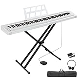 LEADZM 88 Tasten Halbgewichteten Digital Piano, Full Size Keyboard, Elektronische Tastatur mit Doppelrohr-X-Förmigem Ständer, Bluetooth MIDI, Notenständer, Sustain-Pedal, Kopfhörer (Weiß)