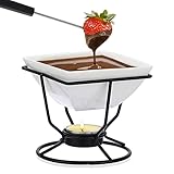 TOLIDA Schokofondue-Set Weißer Quadratischer Schokoladenschmelztopf mit Schwarze Eisen Stehen Käsefonduetopf aus Porzellan mit 2 Gabeln Mini Hitzebeständigbrenner für Süßigkeiten Butter Käse