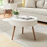 [en.casa] Couchtisch Bongard mit abnehmbarem Tablett rund Beistelltisch in gerillter Optik Ø60 x 45 cm für Wohnzimmer Aufbewahrungstisch niedrig Sofatisch mit Stauraum Weiß